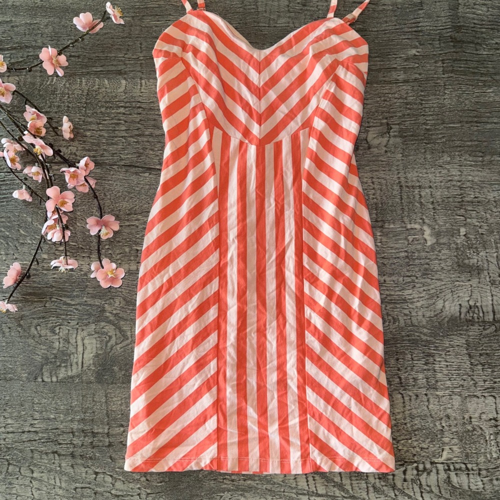 Vintage Bebe Striped Mini Dress Y2K Coral Peach Chevron Bodycon XS